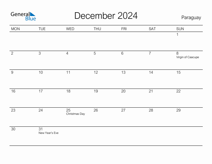 Printable December 2024 Calendar for Paraguay
