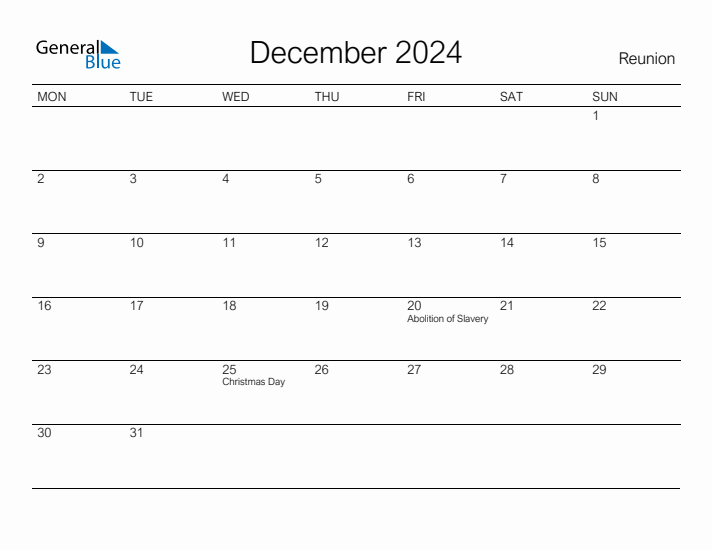 Printable December 2024 Calendar for Reunion