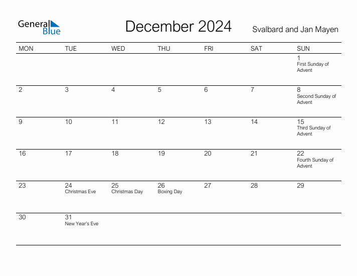 Printable December 2024 Calendar for Svalbard and Jan Mayen