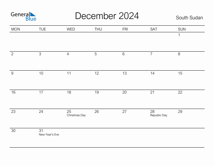Printable December 2024 Calendar for South Sudan