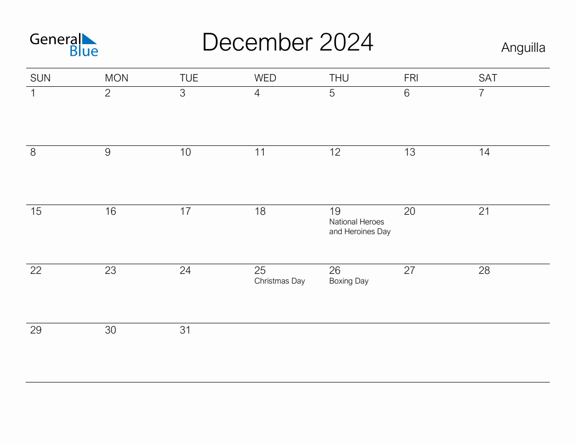 Printable December 2024 Monthly Calendar with Holidays for Anguilla