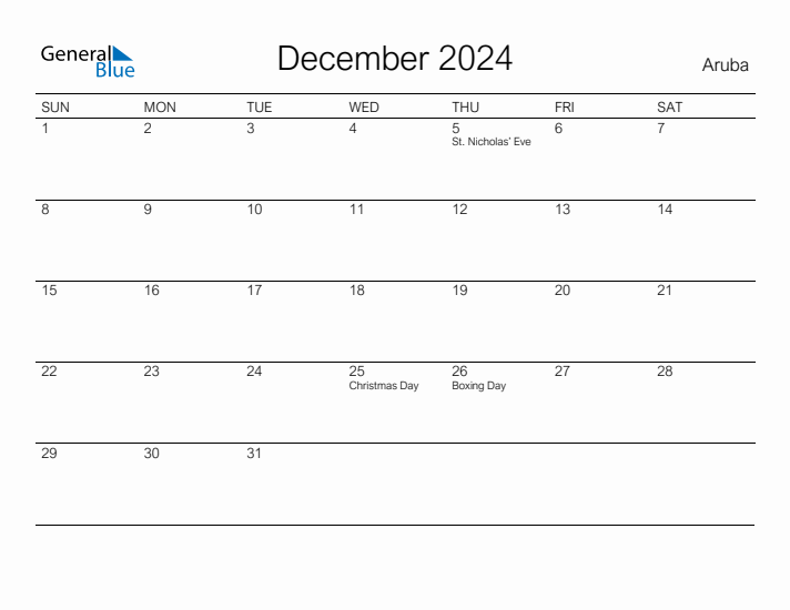 Printable December 2024 Monthly Calendar with Holidays for Aruba