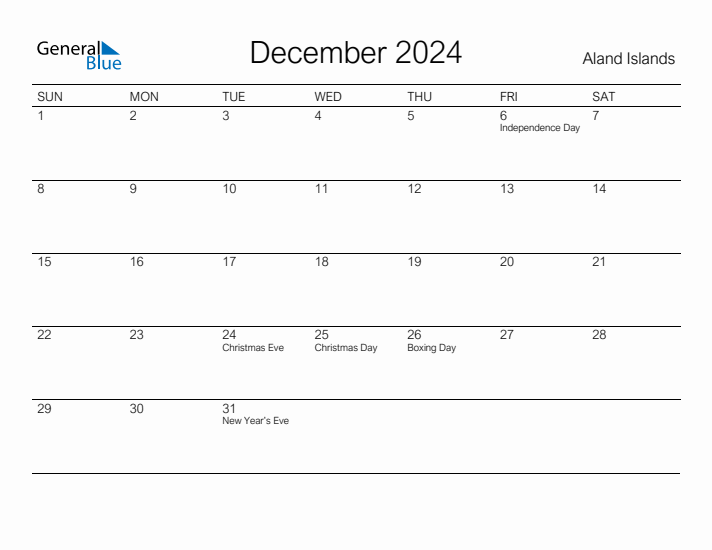 Printable December 2024 Calendar for Aland Islands