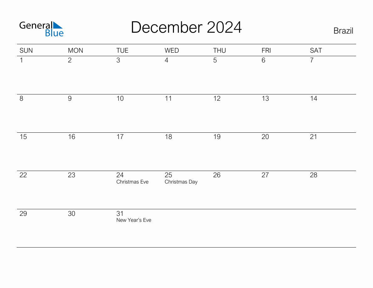 Printable December 2024 Monthly Calendar with Holidays for Brazil