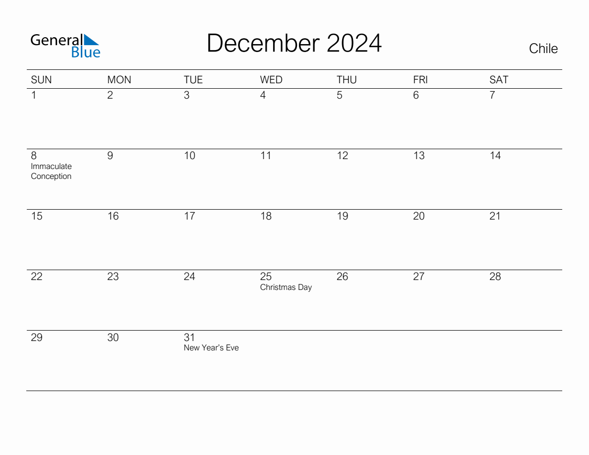 Printable December 2024 Monthly Calendar with Holidays for Chile