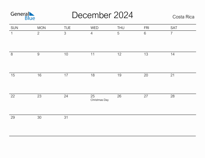 Printable December 2024 Monthly Calendar with Holidays for Costa Rica