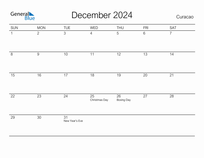 Printable December 2024 Calendar for Curacao