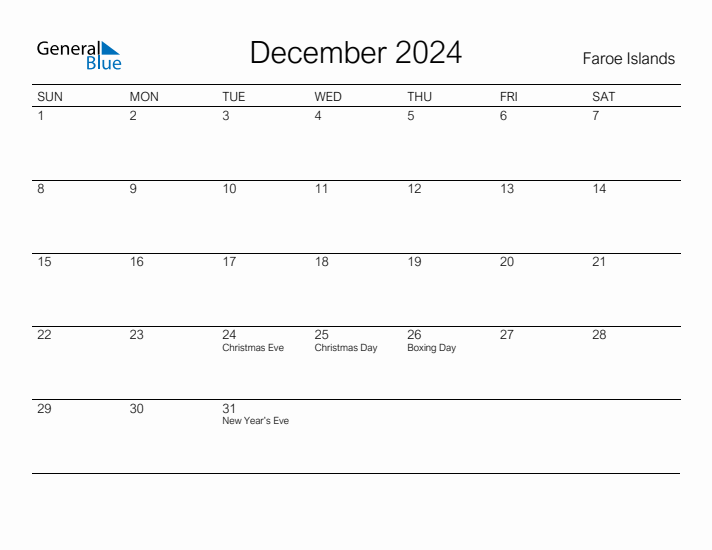Printable December 2024 Calendar for Faroe Islands