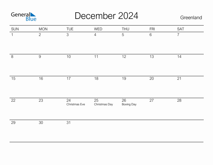 Printable December 2024 Calendar for Greenland