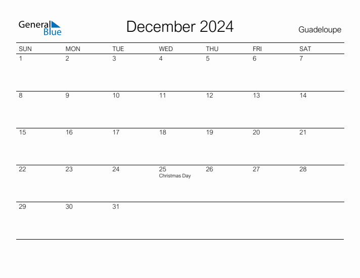 Printable December 2024 Calendar for Guadeloupe