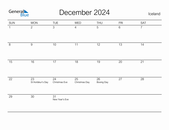 Printable December 2024 Calendar for Iceland