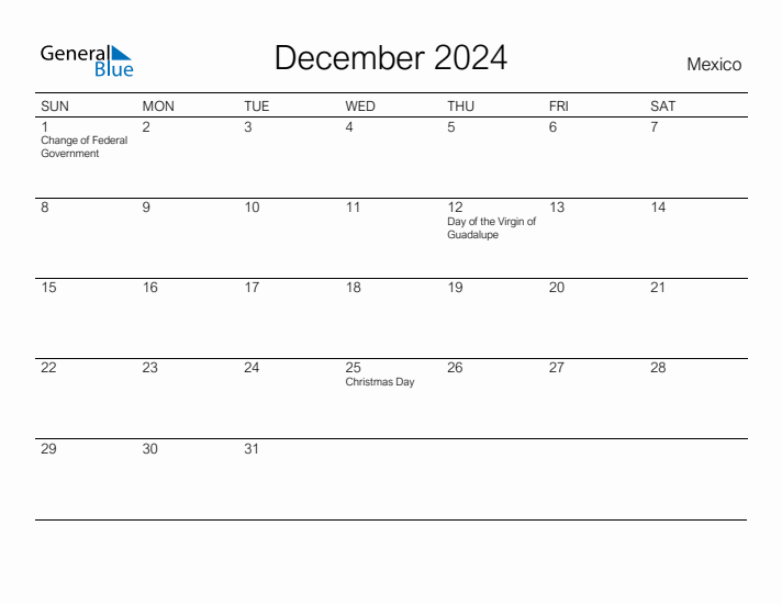 Printable December 2024 Calendar for Mexico