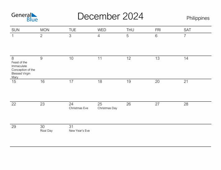 Printable December 2024 Calendar for Philippines
