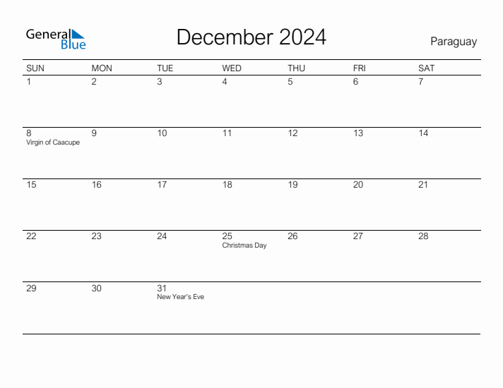 Printable December 2024 Calendar for Paraguay