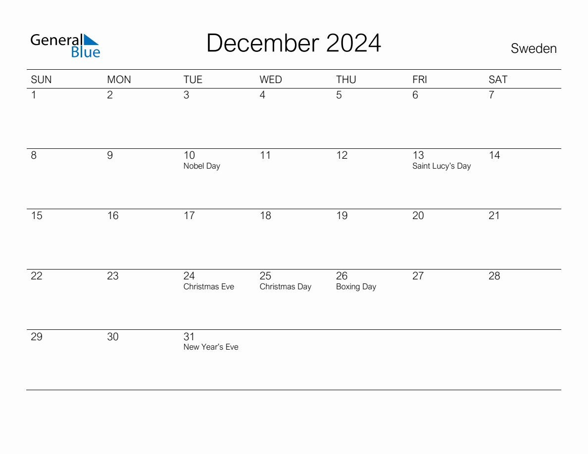 Printable December 2024 Monthly Calendar with Holidays for Sweden