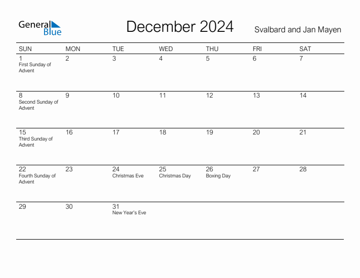 Printable December 2024 Calendar for Svalbard and Jan Mayen