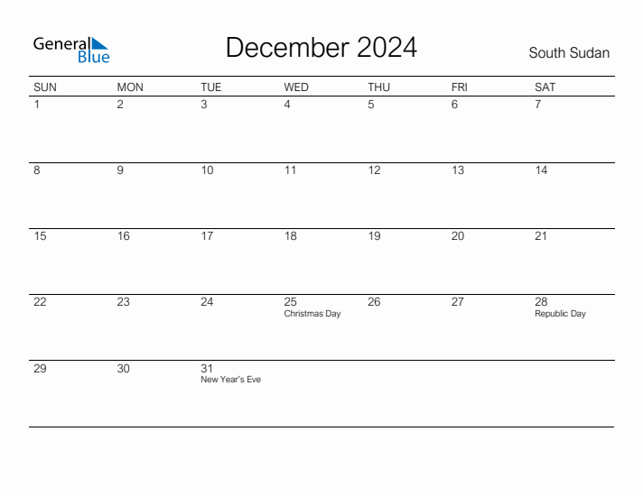 Printable December 2024 Calendar for South Sudan