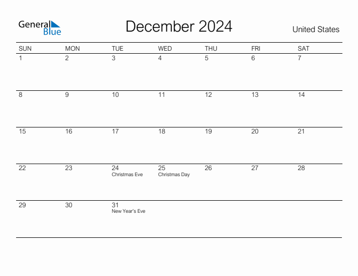 Printable December 2024 Monthly Calendar with Holidays for United States