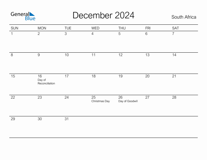 Printable December 2024 Calendar for South Africa