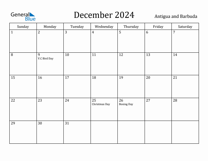 December 2024 Calendar Antigua and Barbuda