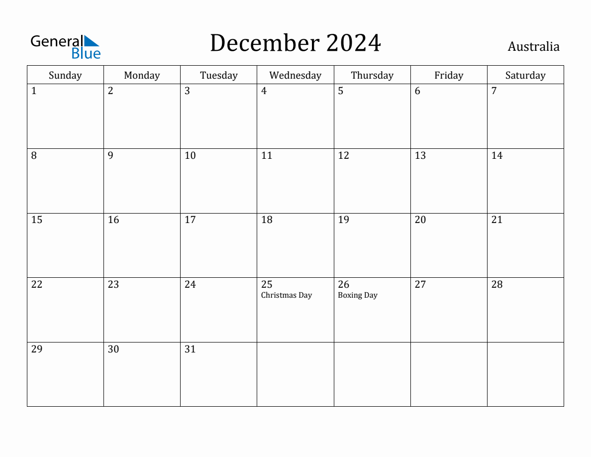 December 2024 Monthly Calendar with Australia Holidays