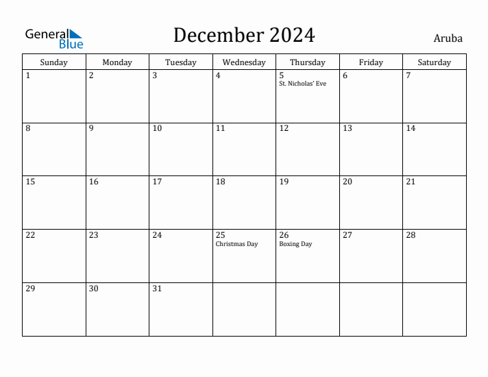 December 2024 Monthly Calendar with Aruba Holidays