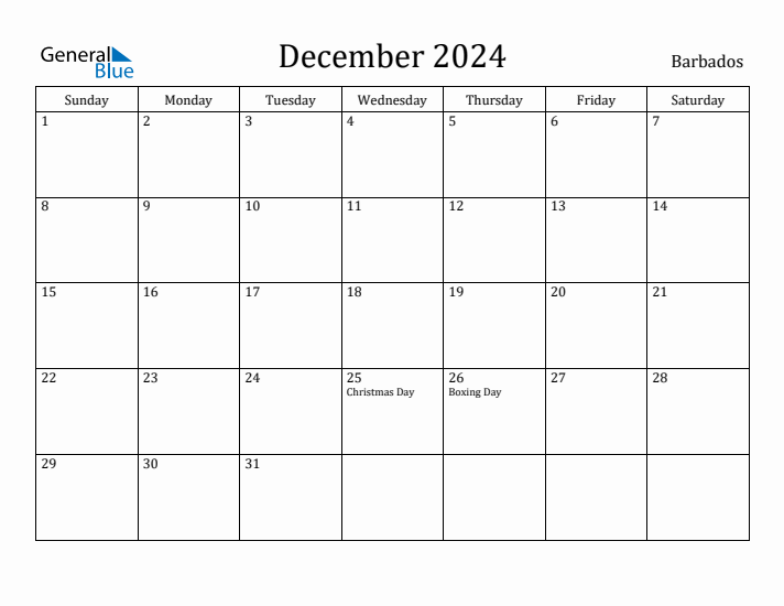 December 2024 Calendar Barbados