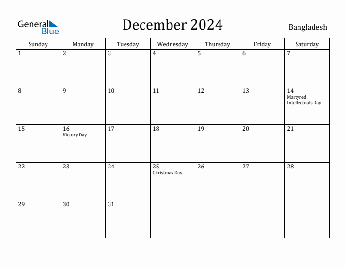 December 2024 Monthly Calendar with Bangladesh Holidays