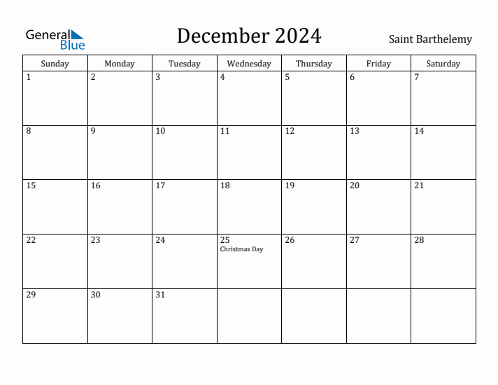December 2024 Calendar Saint Barthelemy