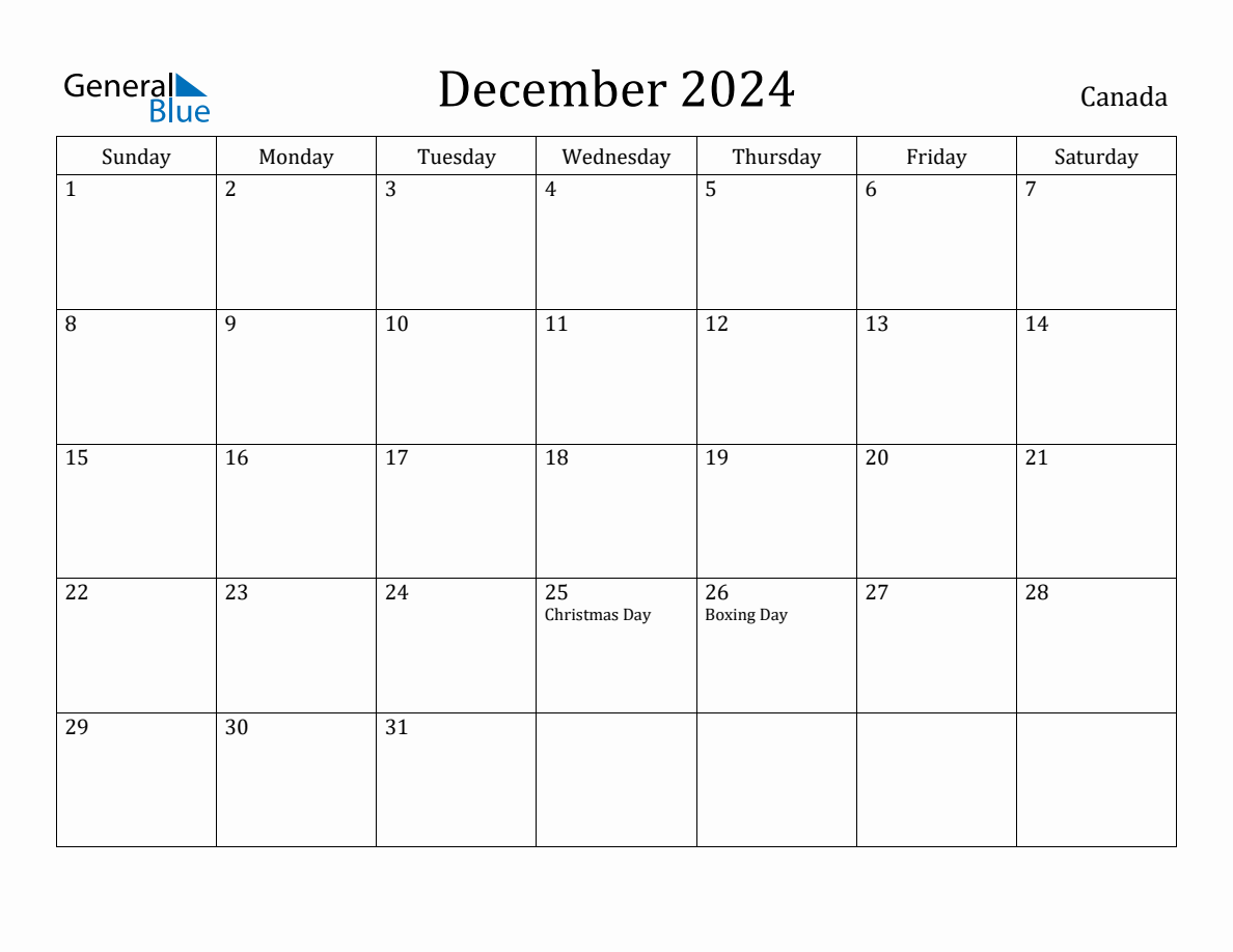 December 2024 Monthly Calendar with Canada Holidays