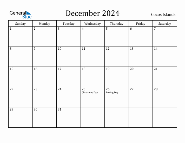 December 2024 Monthly Calendar with Cocos Islands Holidays