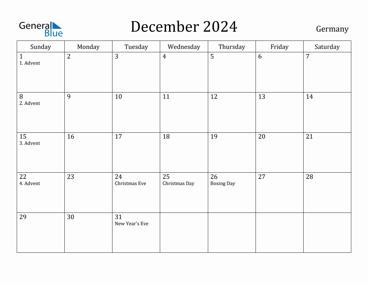 December 2024 Monthly Calendar with Germany Holidays