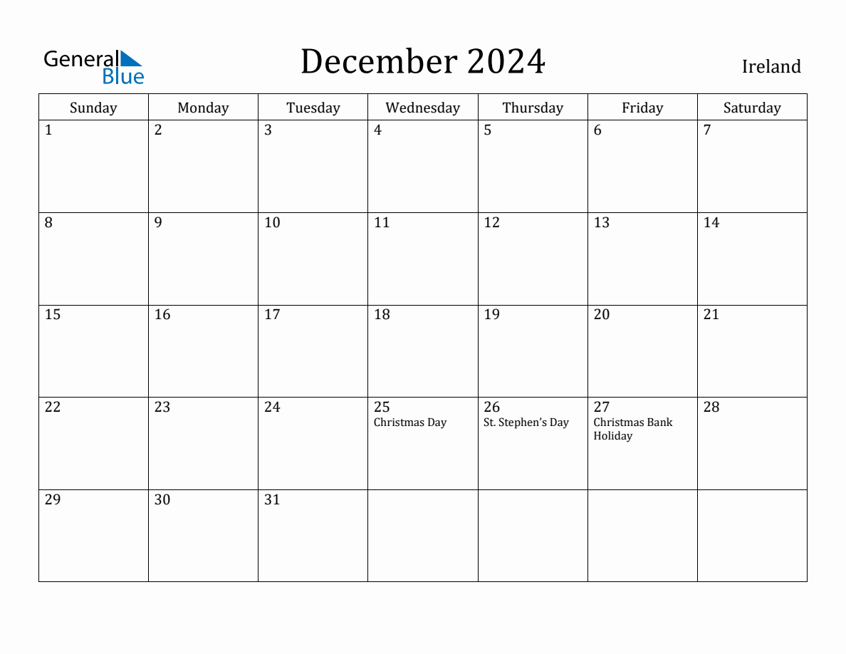 December 2024 monthly calendar with holidays in Ireland