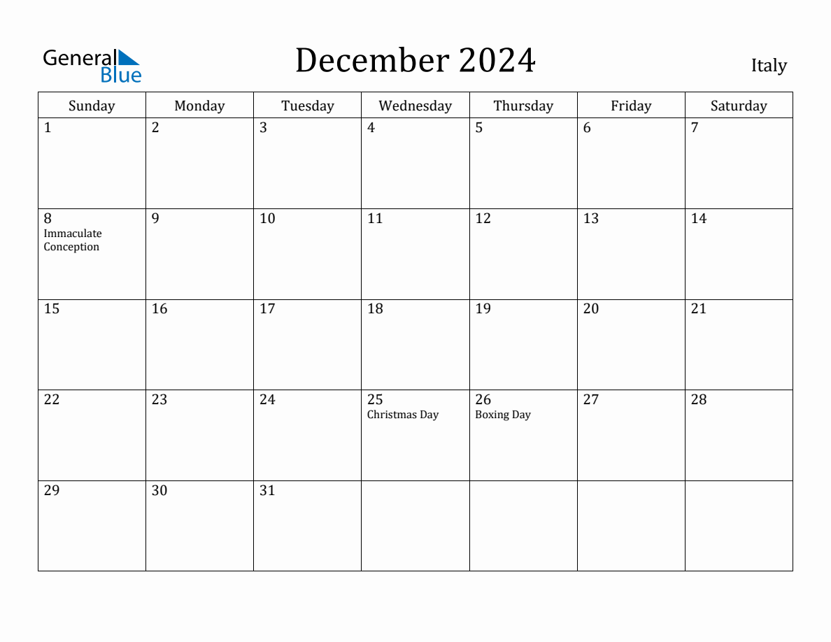 December 2024 monthly calendar with holidays in Italy