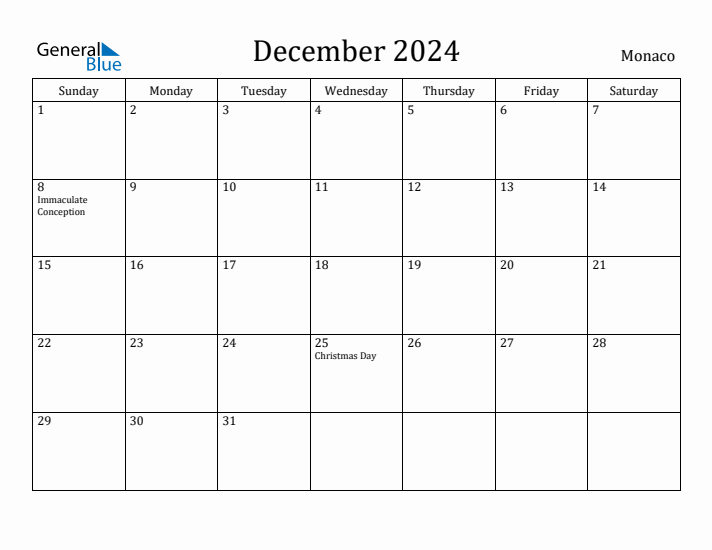December 2024 Monthly Calendar with Monaco Holidays