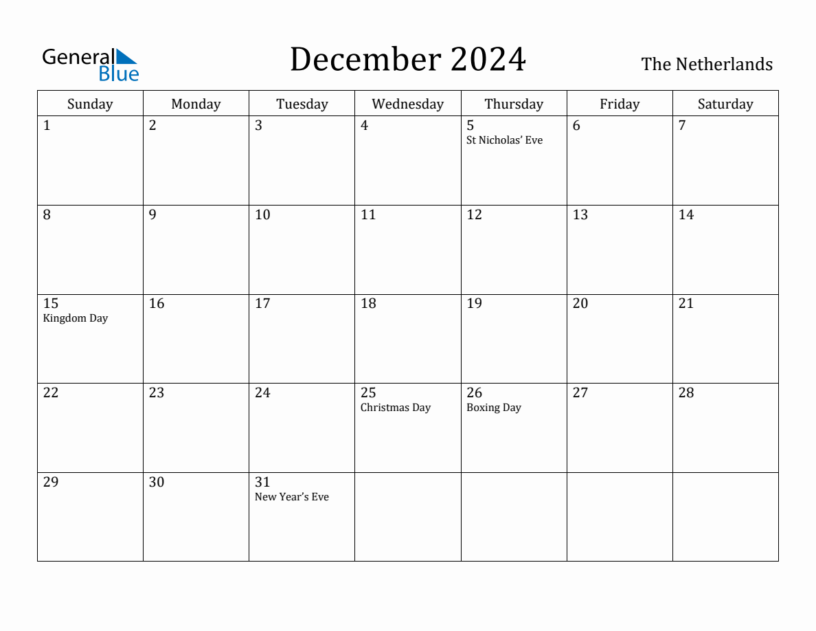 December 2024 Monthly Calendar with Netherlands Holidays