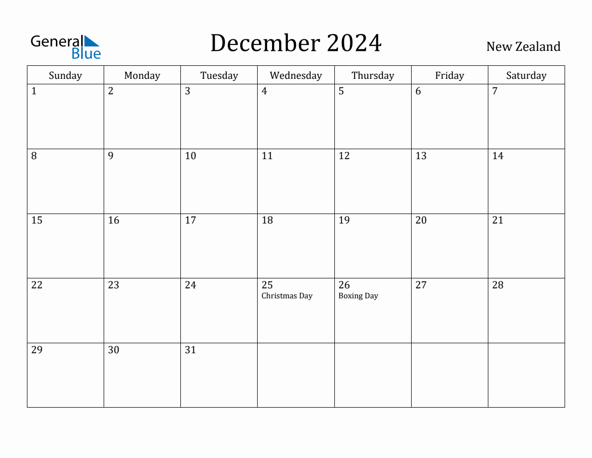 December 2024 Monthly Calendar with New Zealand Holidays