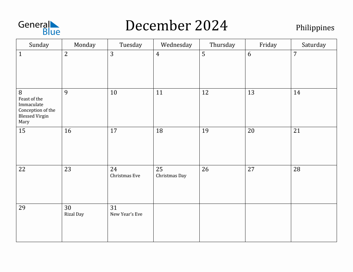 December 2024 monthly calendar with holidays in Philippines