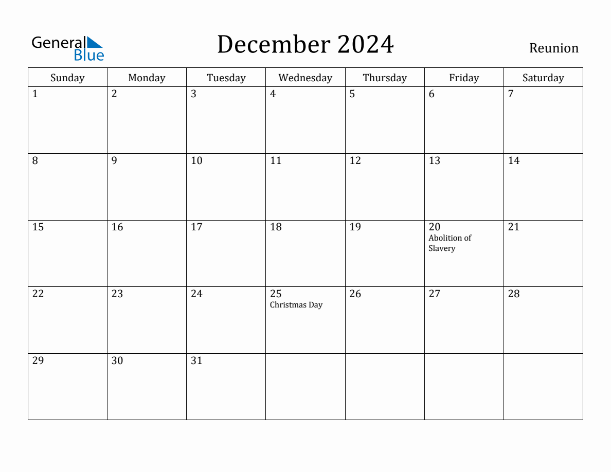 December 2024 Monthly Calendar with Reunion Holidays