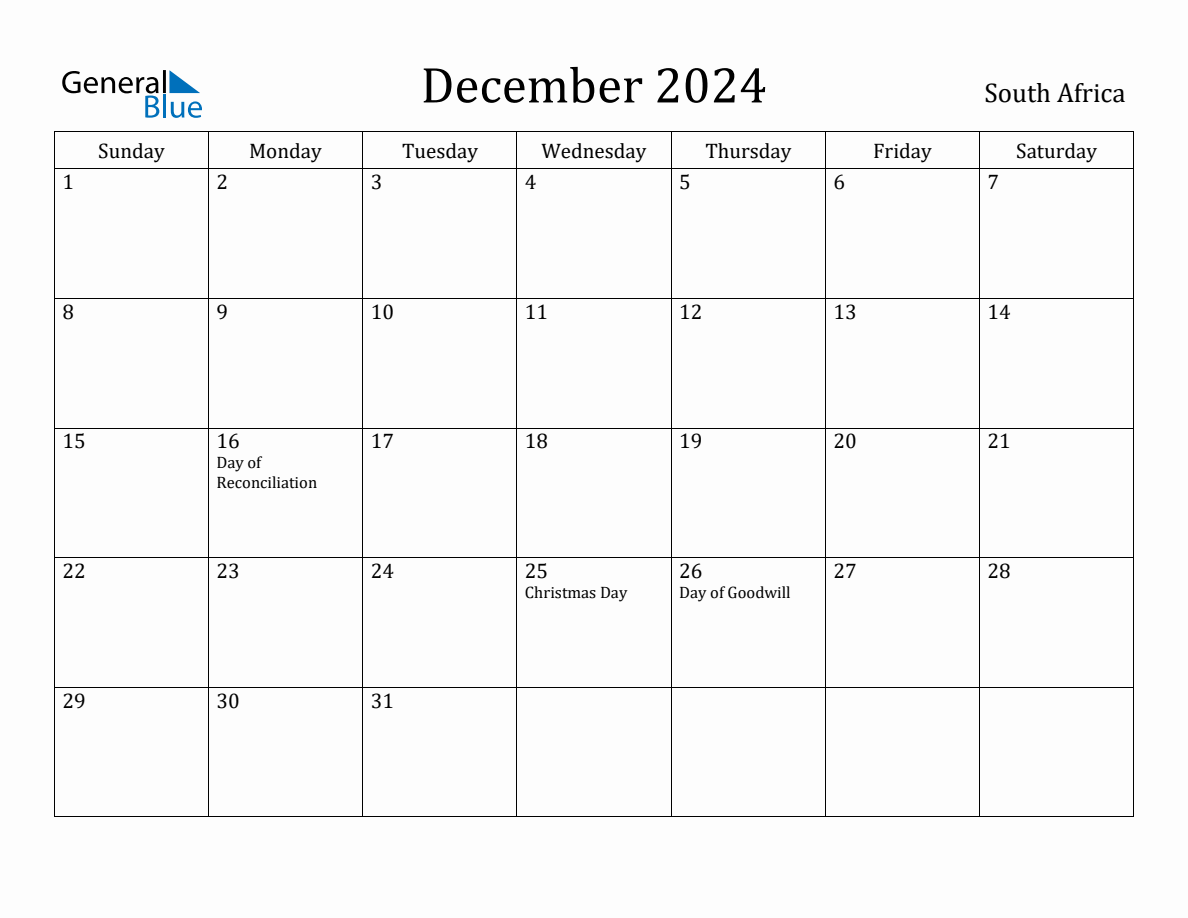 December 2024 Monthly Calendar with South Africa Holidays