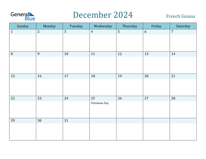 French Guiana December 2024 Calendar with Holidays