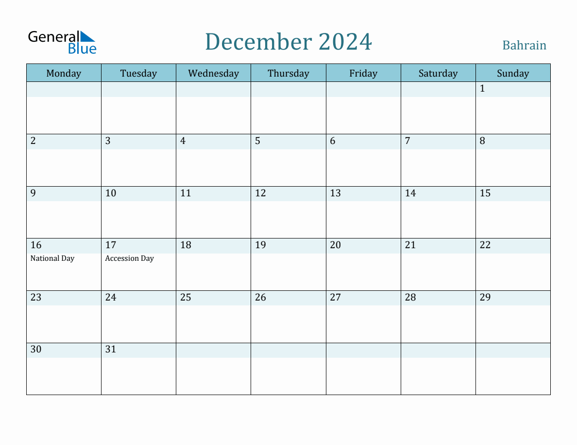 Bahrain Holiday Calendar for December 2024