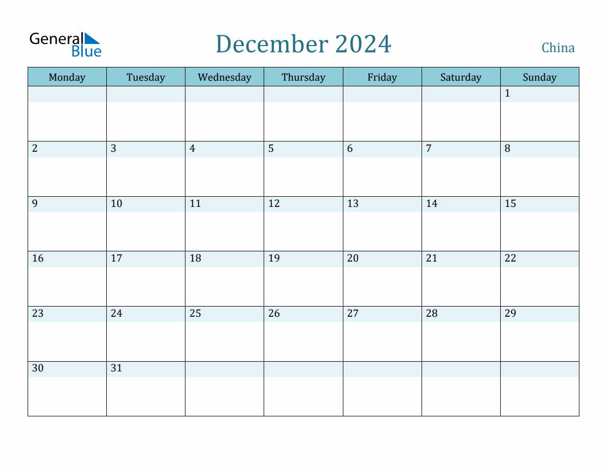 China Holiday Calendar for December 2024