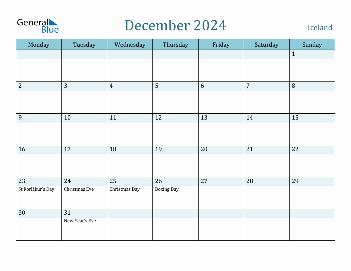 Iceland Holiday Calendar for December 2024