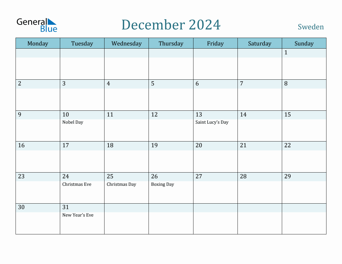 Sweden Holiday Calendar for December 2024