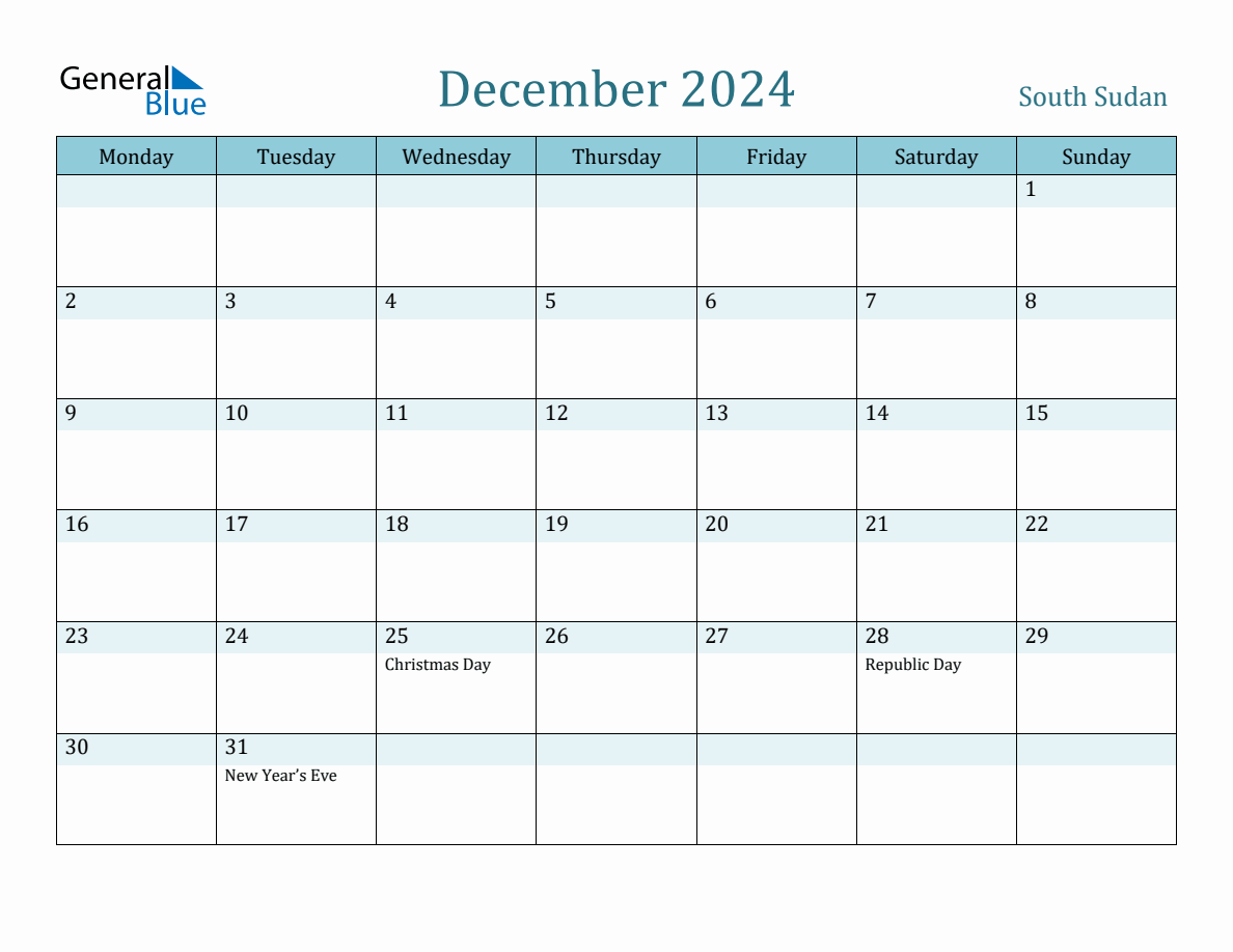 South Sudan Holiday Calendar for December 2024