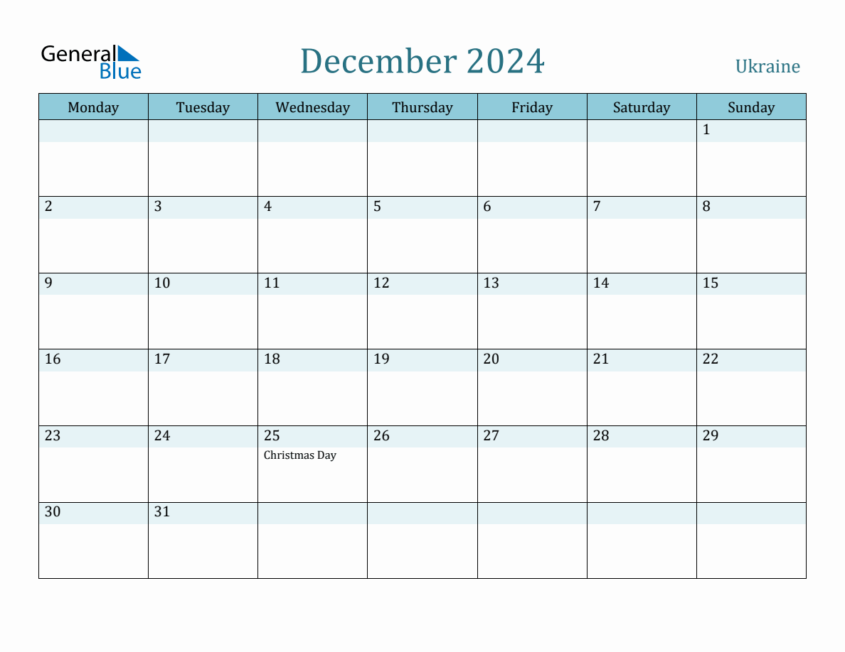 Ukraine Holiday Calendar for December 2024