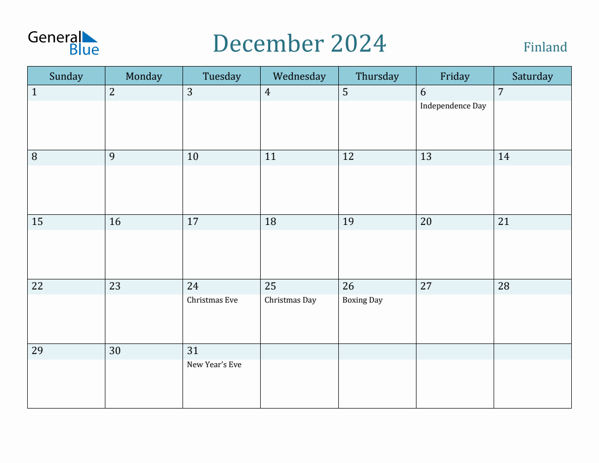 Finland Holiday Calendar for December 2024