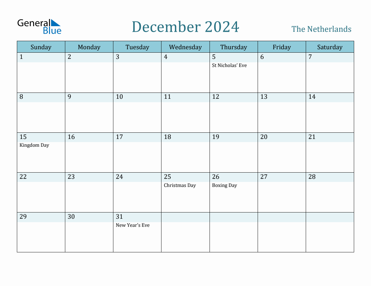 Netherlands Holiday Calendar for December 2024