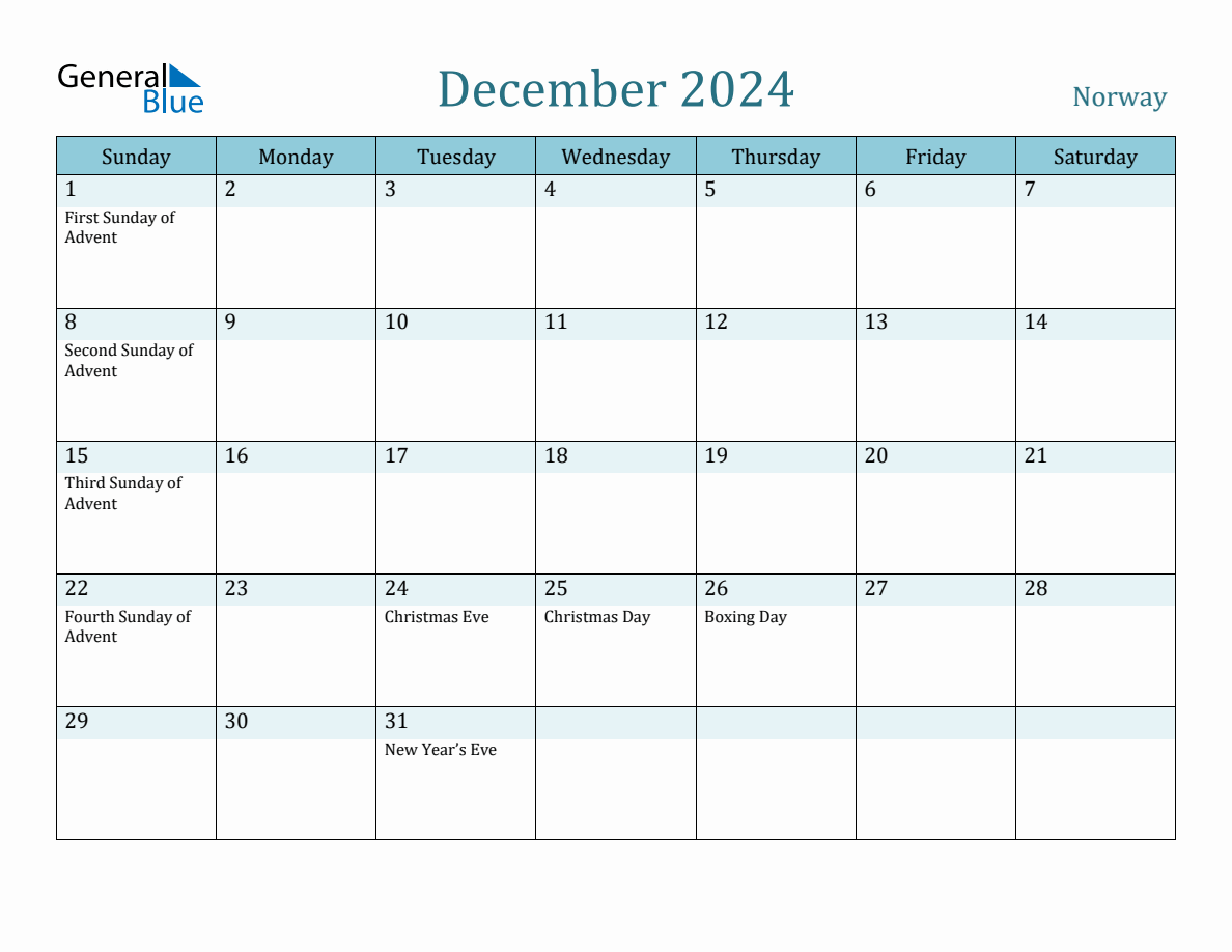 Norway Holiday Calendar for December 2024